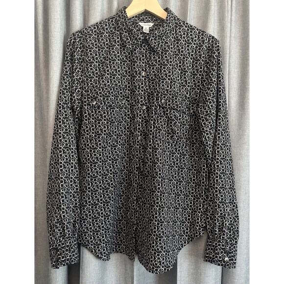 Calvin Klein Black & White CK All Over Logo Women's Long Sleeve Shirt Blouse M - Picture 11 of 16